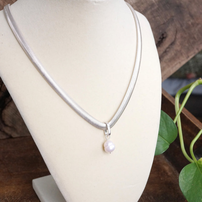 Classic Herringbone Necklace with a Freshwater Pearl Worn Gold Silver Gunmetal