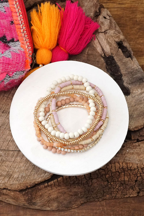Beaded Bracelets stack of 7 in Pink and Neutral tones