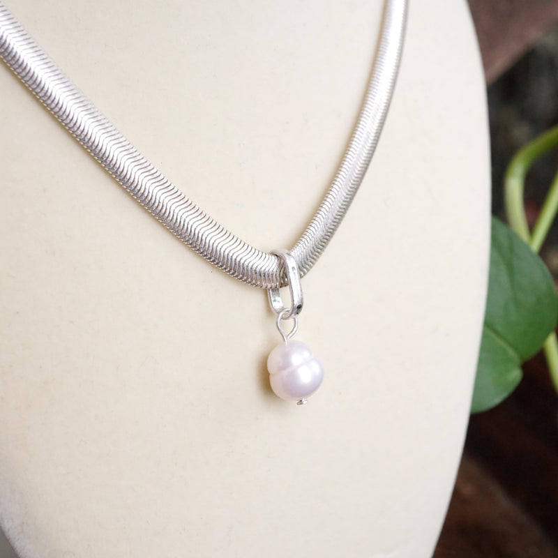 Classic Herringbone Necklace with a Freshwater Pearl Worn Gold Silver Gunmetal