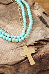 Multi Strand Wood Beads Short Statement Cross Necklace Turquoise