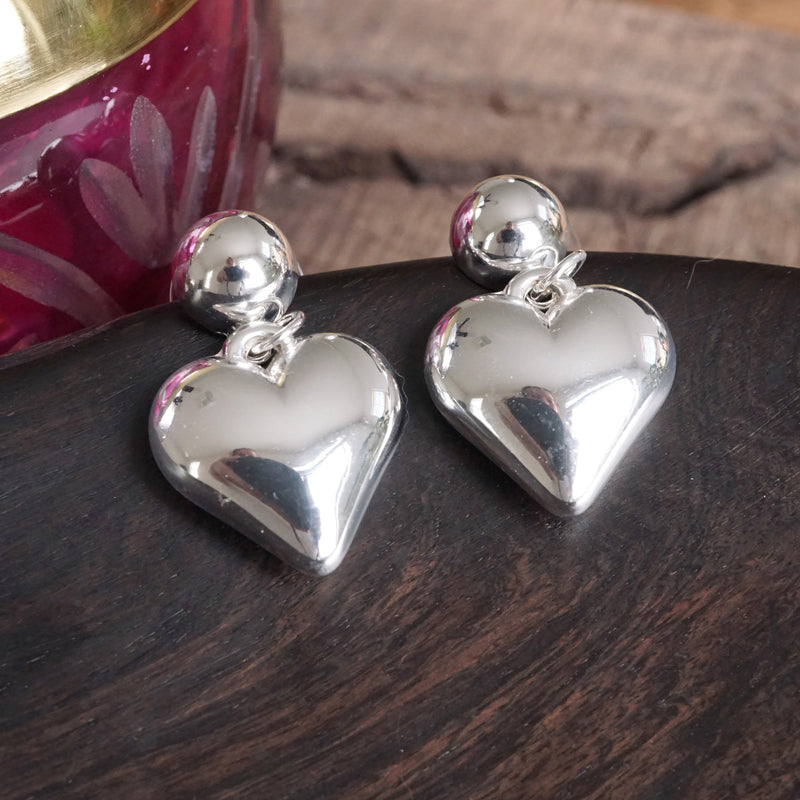 Puffy Heart Dangle Earrings – Silver Tone, Perfect for Valentine's Day