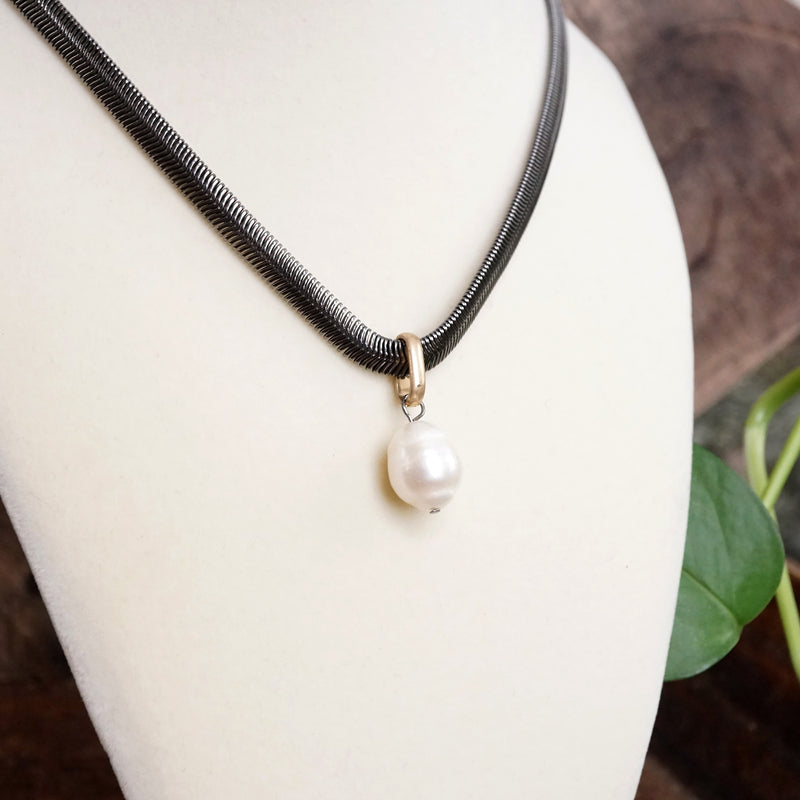 Classic Herringbone Necklace with a Freshwater Pearl Worn Gold Silver Gunmetal