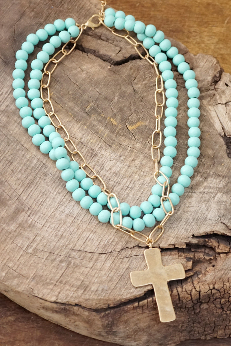 Multi Strand Wood Beads Short Statement Cross Necklace Turquoise