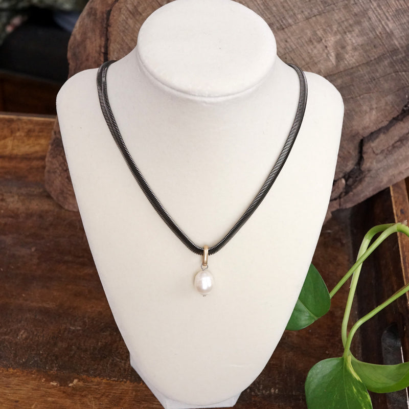 Classic Herringbone Necklace with a Freshwater Pearl Worn Gold Silver Gunmetal