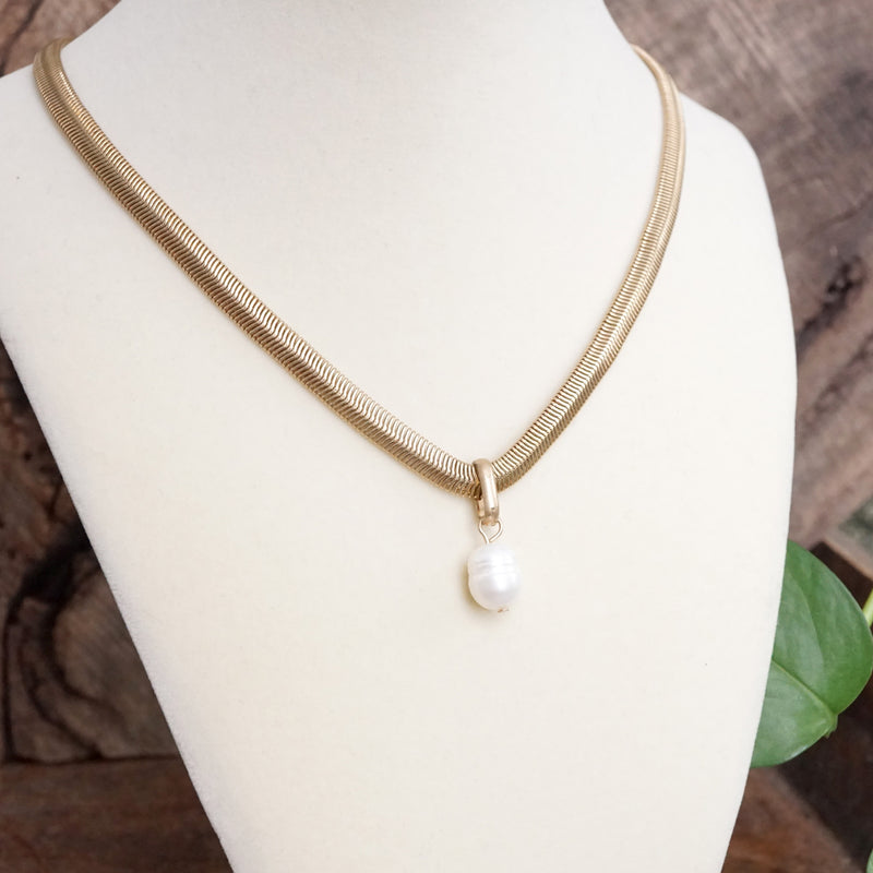 Classic Herringbone Necklace with a Freshwater Pearl Worn Gold Silver Gunmetal