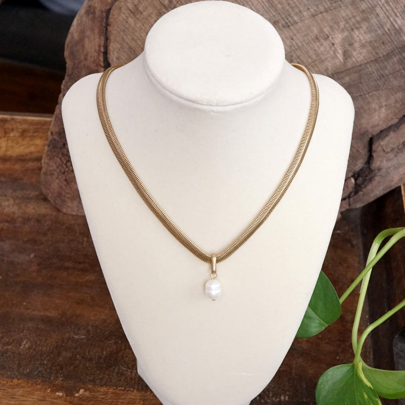 Classic Herringbone Necklace with a Freshwater Pearl Worn Gold Silver Gunmetal