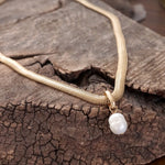 Classic Herringbone Necklace with a Freshwater Pearl Worn Gold Silver Gunmetal