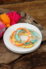 Beaded Bracelets stack of 5 Bright Colors Clay and Glass Layering bracelets