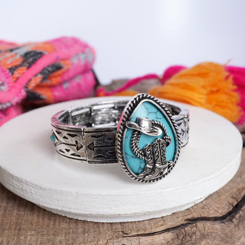 Rodeo Reverie – Western Cowboy Boots & Hat Statement Bangle in Silver with Turquoise or Pink