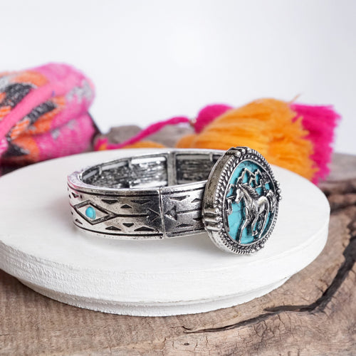 Wild Range – Horse & Mountain Statement Bangle Bracelet in Silver & Turquoise