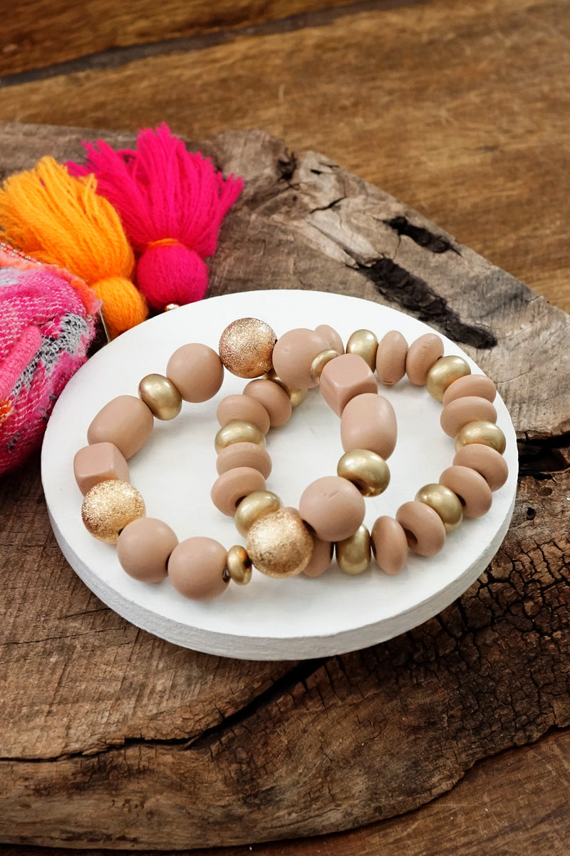 Chunky Beaded Bracelets set in Taupe Pink Wooden and Golden beads