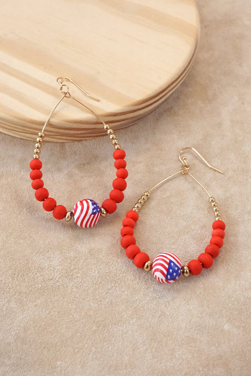 4th of July Wood Beads Teardrop Earrings Red