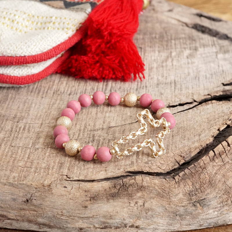 Sideways Cross Bracelet with Wood Beads Gold tone Black Red Cream Green