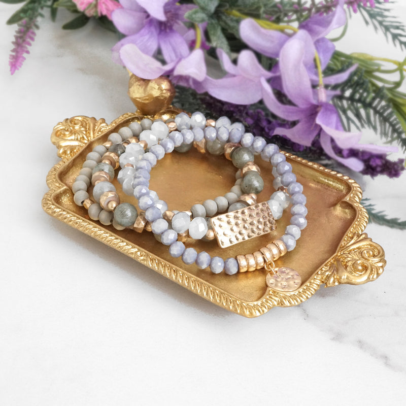 Beaded Bracelets stack of 4 piece with Gray Wood and Semi Precious bead stones glass golden coin
