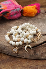 Beaded Boho Bracelets set of 4 with Gold Coin Cream wooden Beads and Metal chain