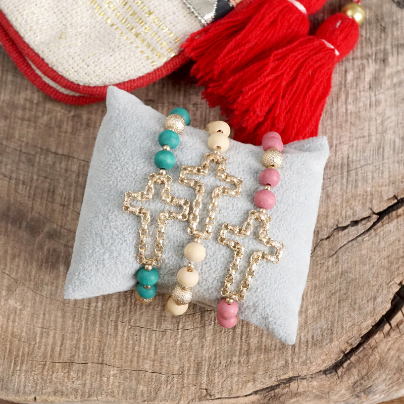 Sideways Cross Bracelet with Wood Beads Gold tone Black Red Cream Green