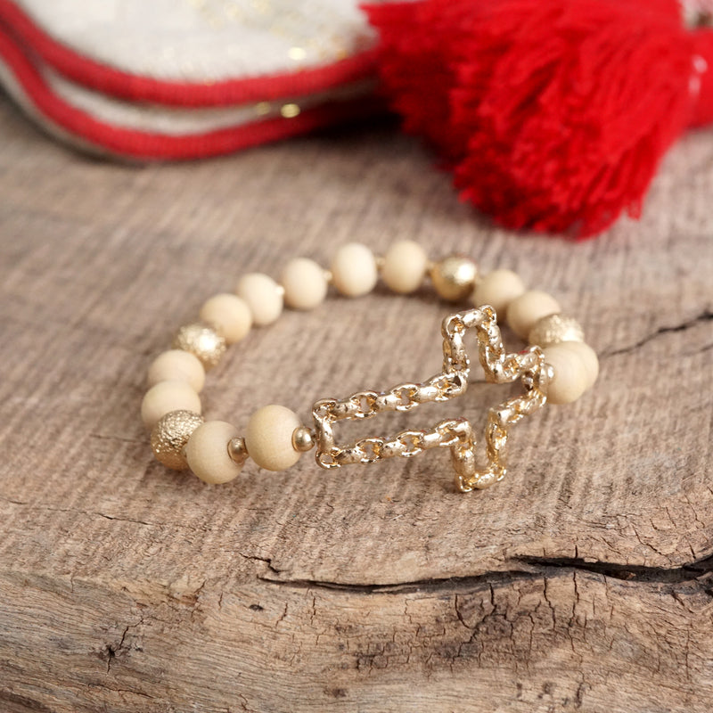 Sideways Cross Bracelet with Wood Beads Gold tone Black Red Cream Green