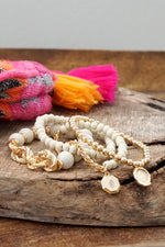 Beaded Bracelets set Cream wooden Beads Chain Coin Charms