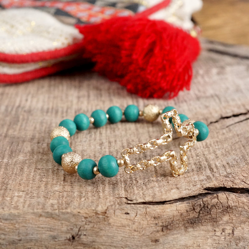 Sideways Cross Bracelet with Wood Beads Gold tone Black Red Cream Green