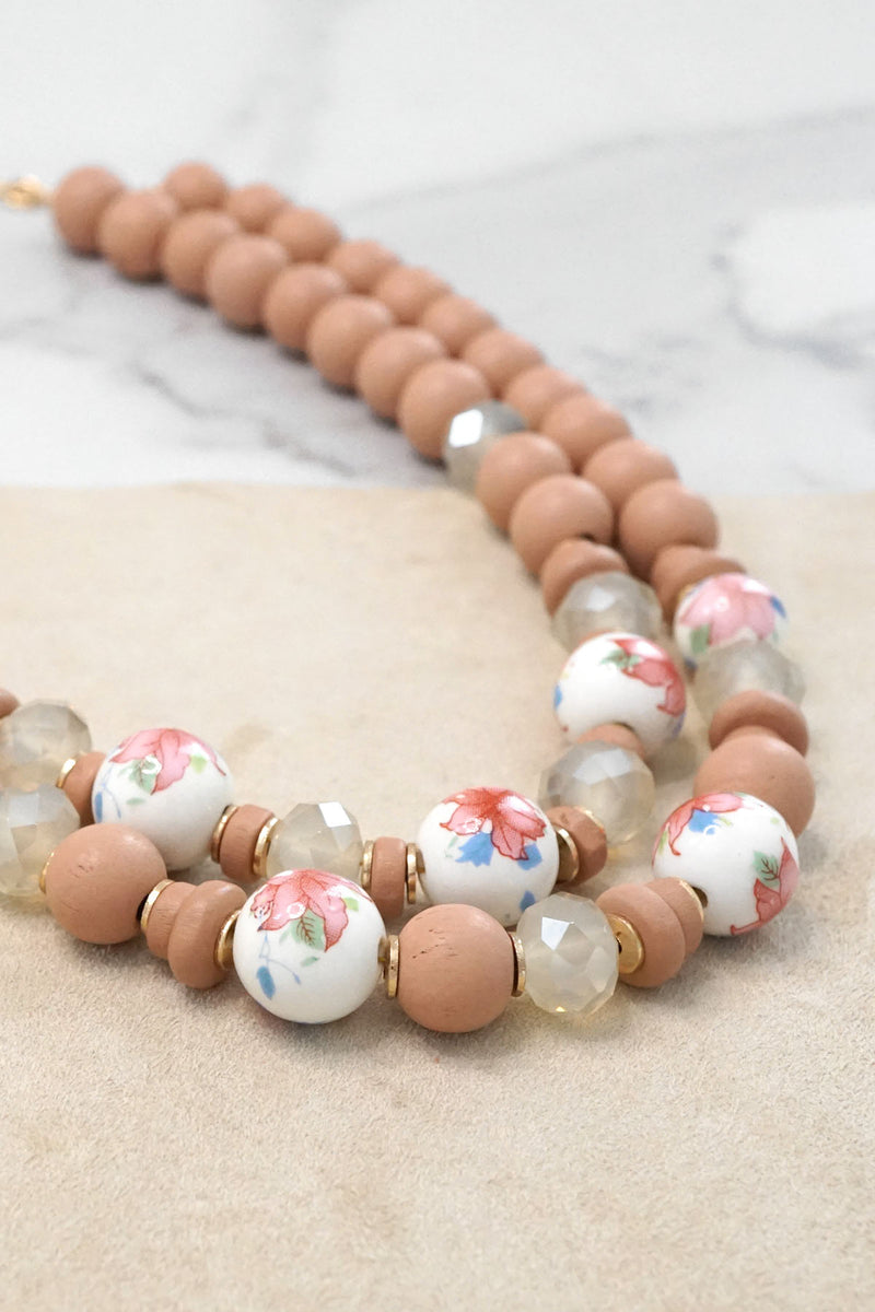 Multi Strand Spring Wood and Chinoiserie Beads Short Necklace in Nude Peach Pink and Gold