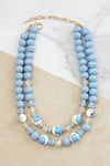 Multi Strand Spring Wood and Chinoiserie Beads Short Necklace in Blue and Gold