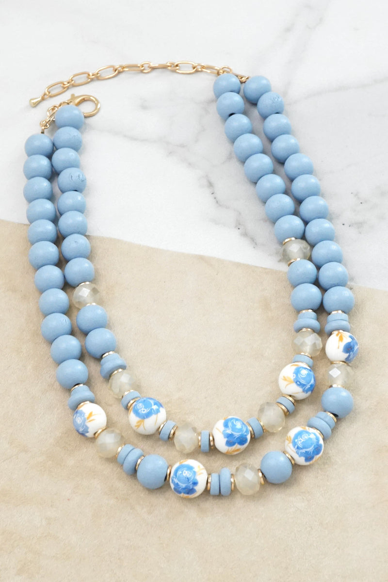 Multi Strand Spring Wood and Chinoiserie Beads Short Necklace in Blue and Gold