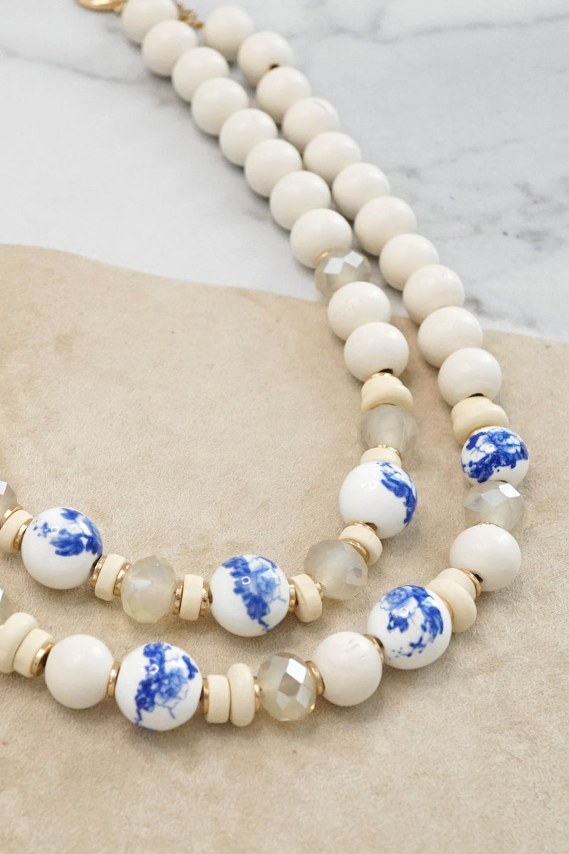 Multi Strand Spring Wood and Chinoiserie Beads Short Necklace in White and Gold
