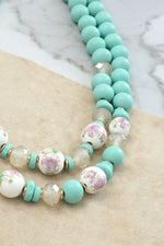 Multi Strand Spring Wood and Chinoiserie Beads Short Necklace in Mint Green and Gold