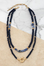 Multi Strand Stone and Wooden Beads Short Statement Necklace in Blue and Gold