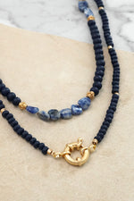 Multi Strand Stone and Wooden Beads Short Statement Necklace in Blue and Gold