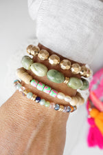 Bracelet Stack of 4 pieces Green Acrylic Glass Wood Clay and Golden beads