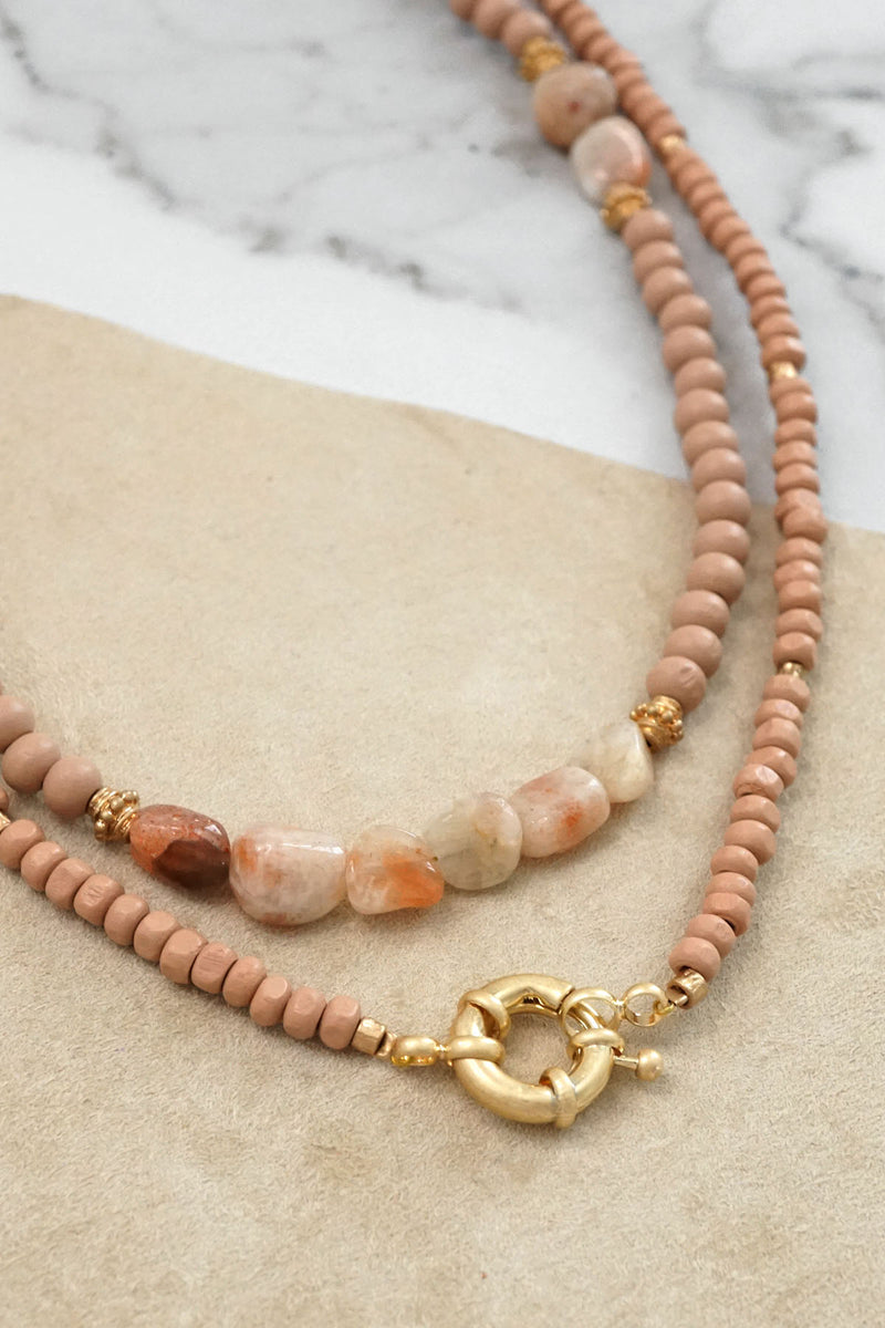 Multi Strand Stone and Wooden Beads Short Statement Necklace in Rose Peach Pink and Gold