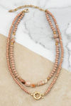 Multi Strand Stone and Wooden Beads Short Statement Necklace in Rose Peach Pink and Gold