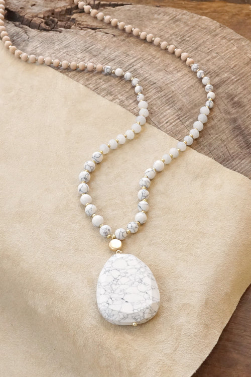 Beaded boho Necklace Mala Semi Precious White Stone and beads