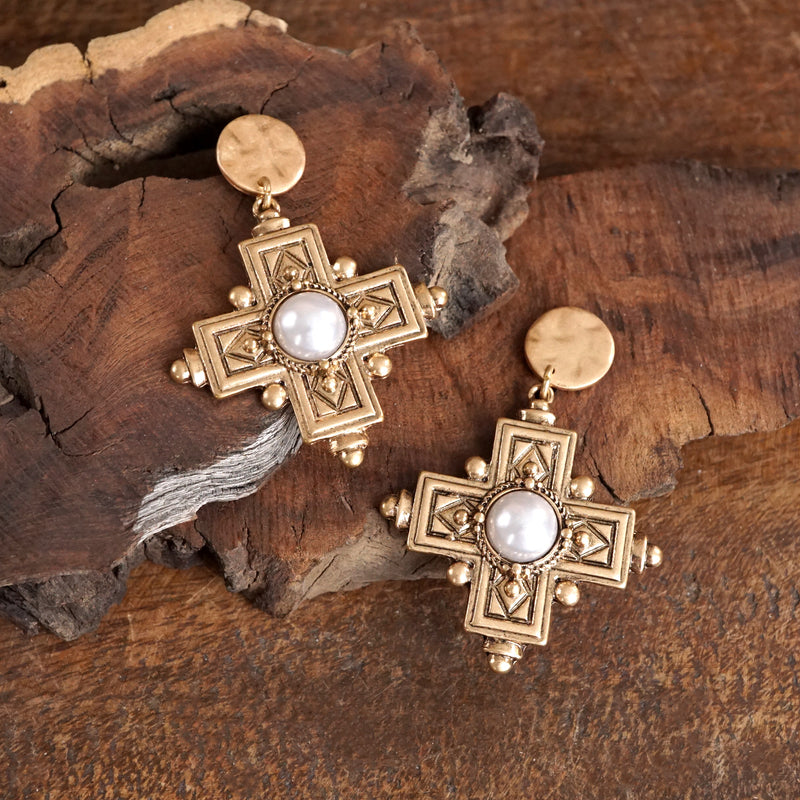 Boho Cross Drop Statement Earrings – Gold & Silver Tones