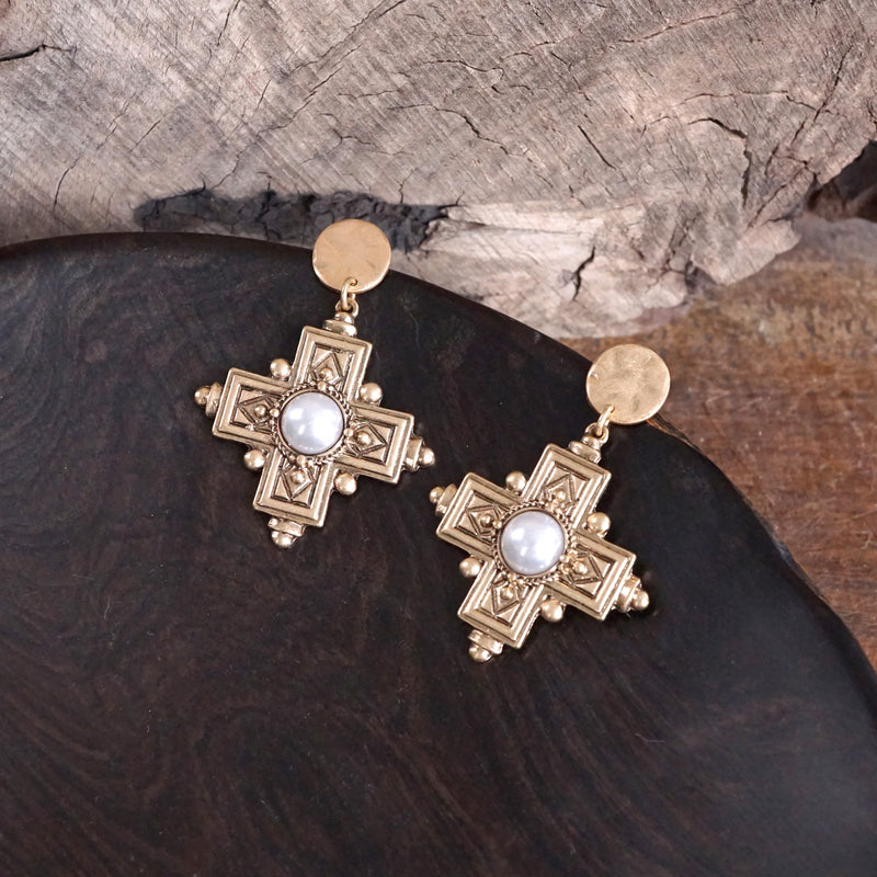 Boho Cross Drop Statement Earrings – Gold & Silver Tones