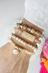 Beaded Bracelets stack of 4 piece with Natural Wood and Semi Precious bead stones glass golden coin