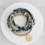 Beaded Bracelets set Gold Coin Sparkly Forest Green Glass Metal beads