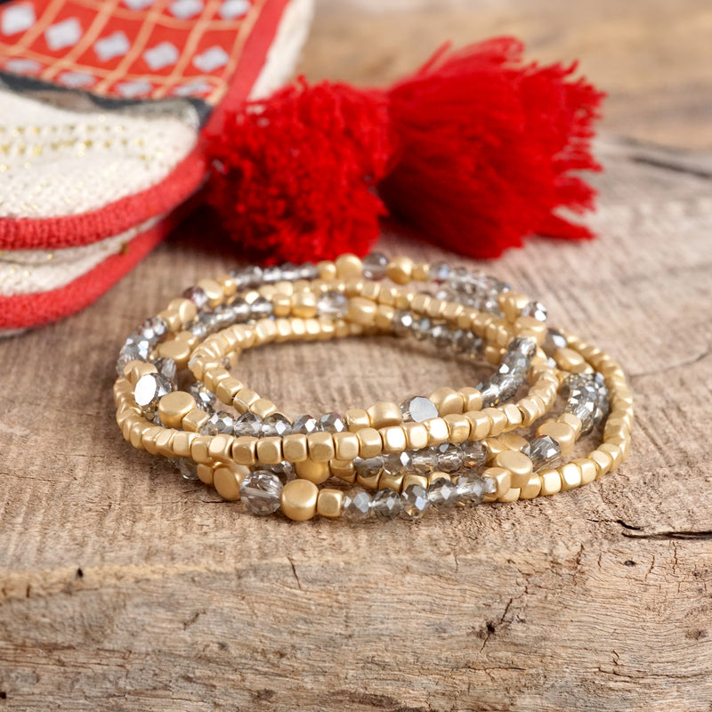 Layered Crystal Glass and Gold Beaded Fall Bracelets Sets