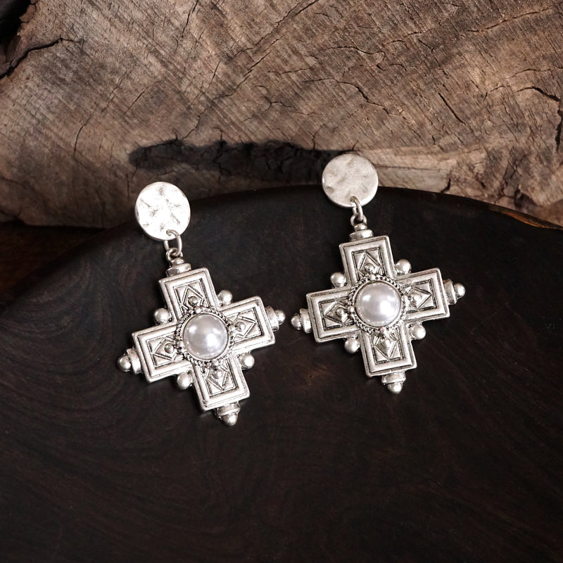 Boho Cross Drop Statement Earrings – Gold & Silver Tones