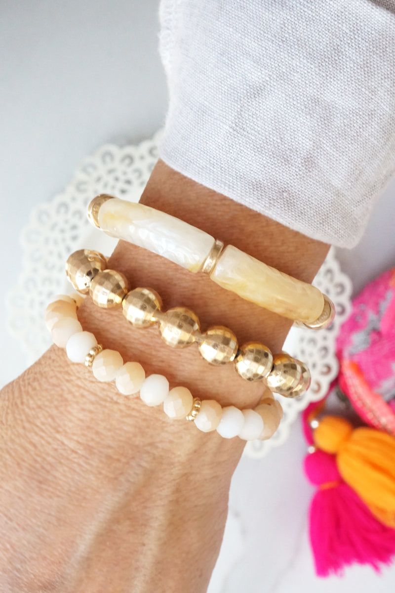 Bracelet Stack of 3 pieces Neutrals Acrylic Tubes Glass and Golden beads