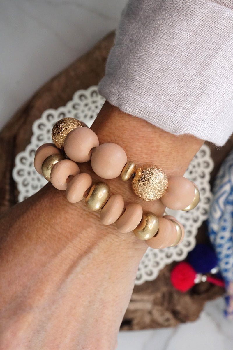 Chunky Beaded Bracelets set in Taupe Pink Wooden and Golden beads