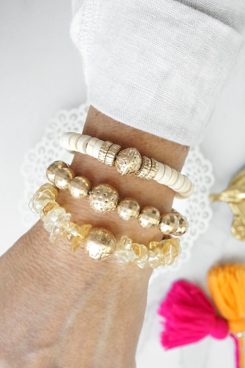 Boho Beads Bracelets stack of 3 piece with Semi Precious stones beads in Neutral and gold