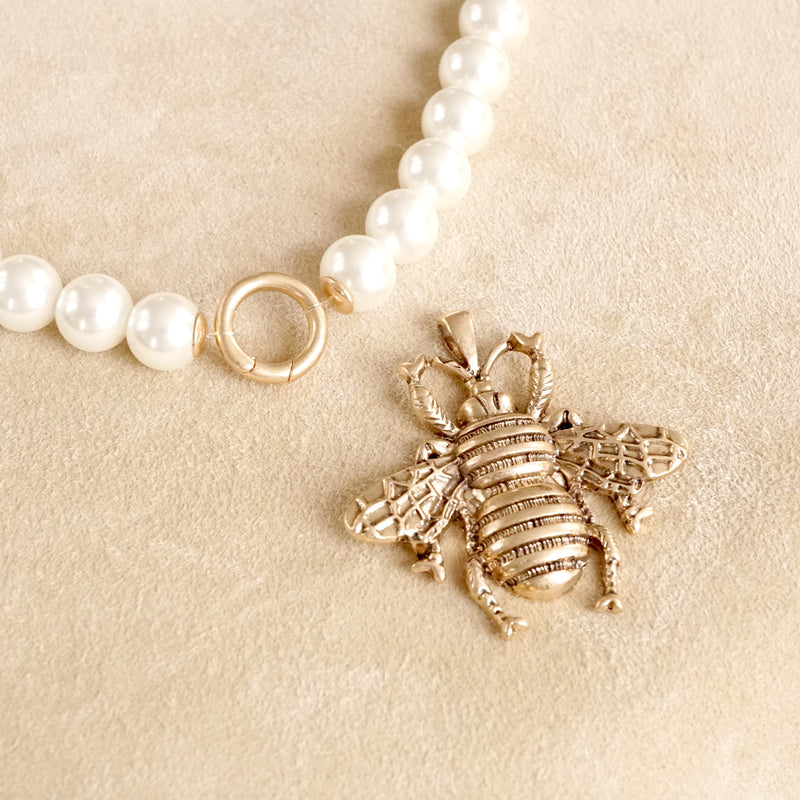 Boho Bee Pearls Statement Timeless Necklace in Worn Gold