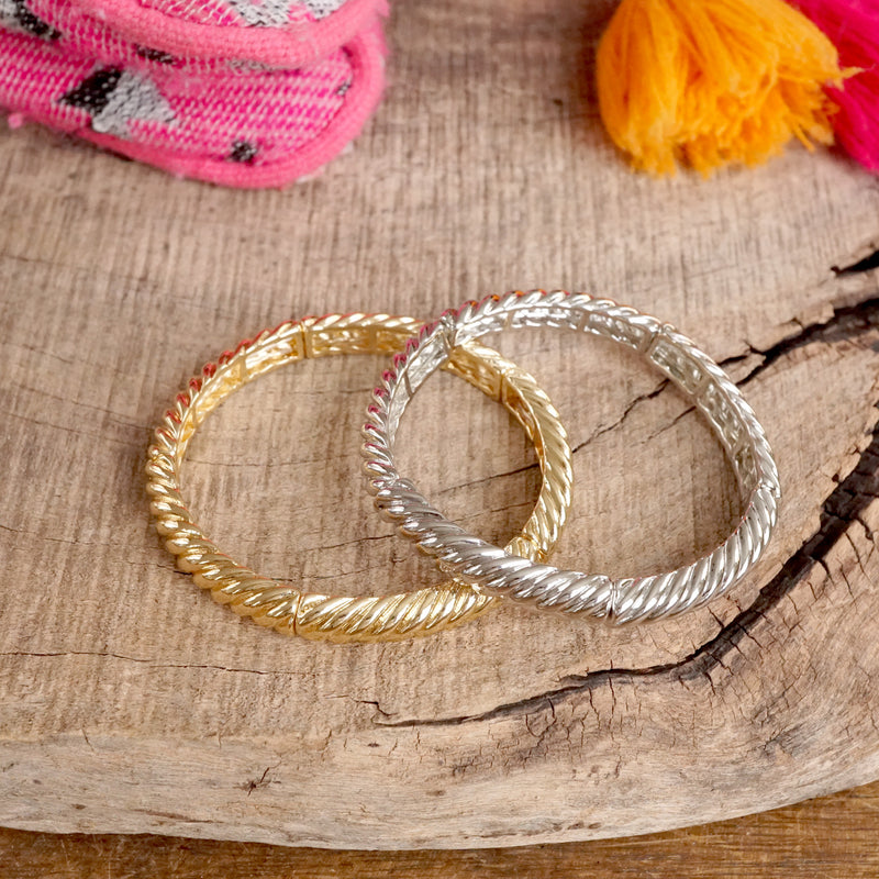 Twisted Metal Stretchy Bangle – Gold or Silver Tone