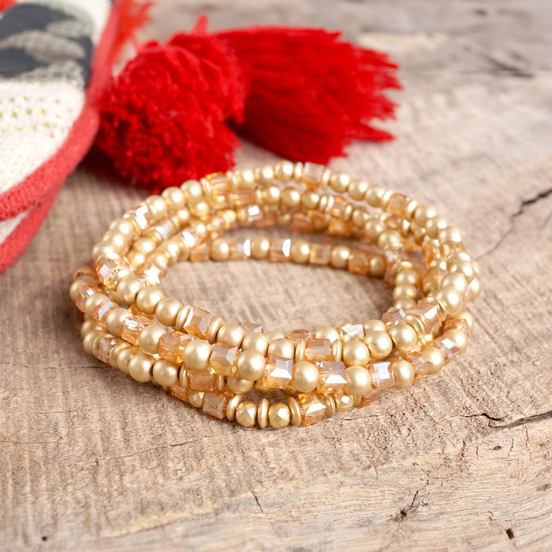 Layered Fall Glass and Gold Beaded Bracelets Sets