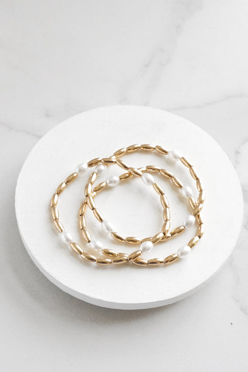 Worn Gold tone and pearls beaded bracelet stack of 3 bracelets