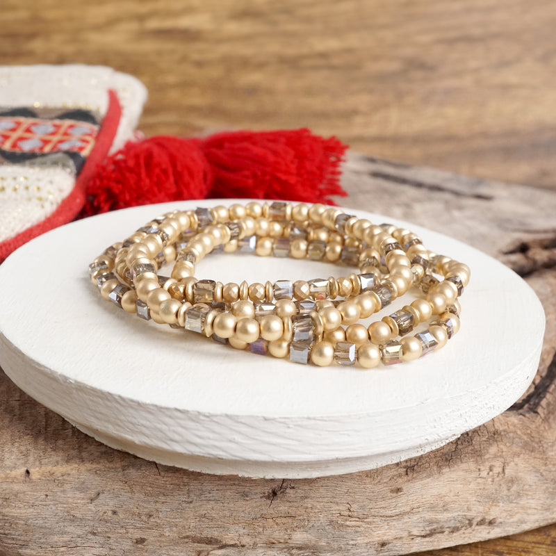 Layered Fall Glass and Gold Beaded Bracelets Sets