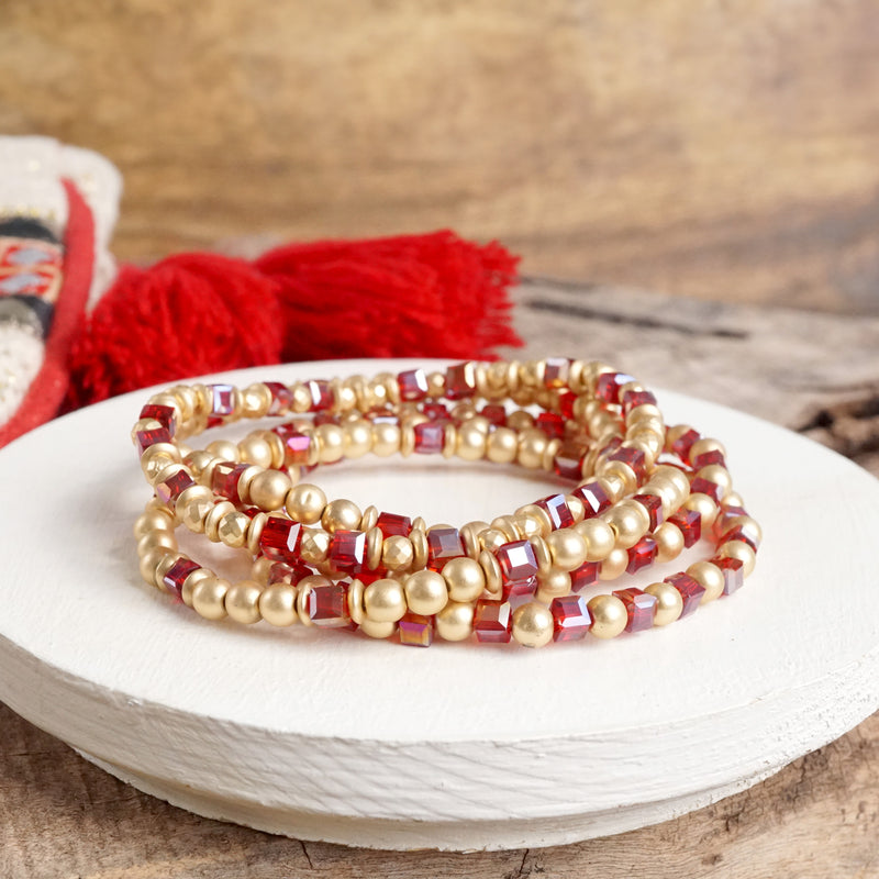 Layered Fall Glass and Gold Beaded Bracelets Sets