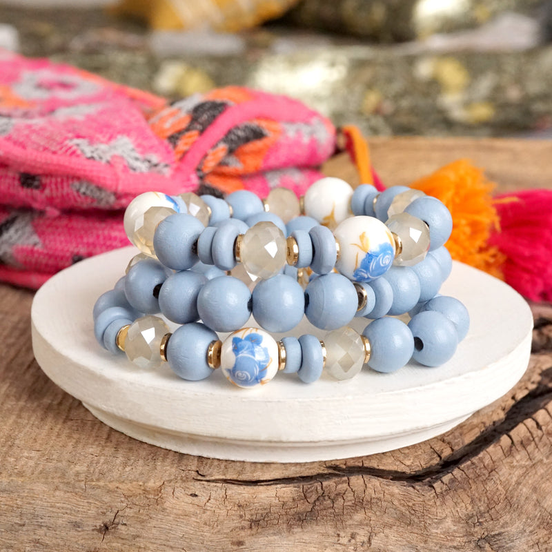 Blue Chinoiserie Wooden Glass Beads Bracelets Stack of 3 White Periwinkle